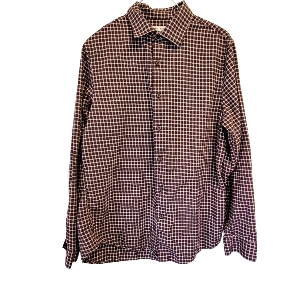 Nordstrom Mens Cotton Cashmere Burgundy Micro Check Button Up Shirt M XX7502